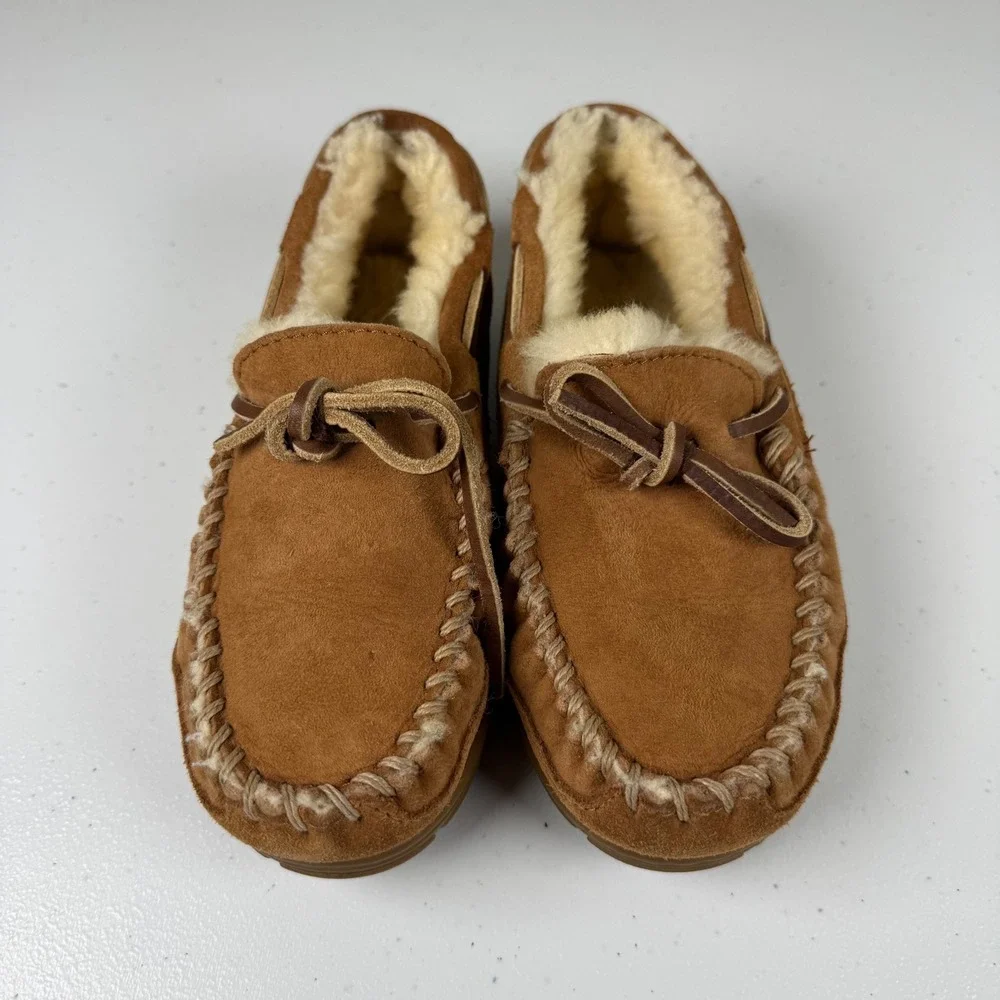 LL Bean Kids 5 Wicked Good Moccasin Slippers Brown Suede Shearling Cozy Gorpcore